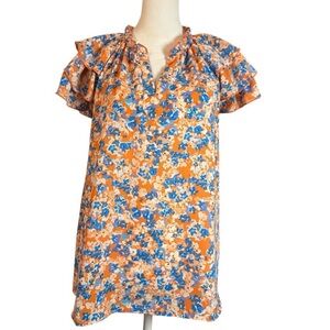 Nanette Lepore Orange Blue Floral Flounce Sleeve Top Blouse Small